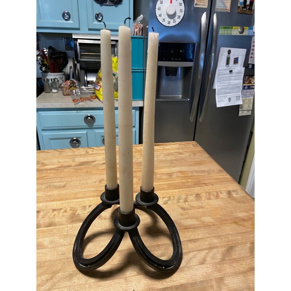 Iron Horseshoe 3-Candle Holder Black Metal Forge Decor